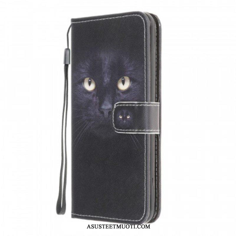 Nahkakotelo Samsung Galaxy M32 Suojaketju Kuori Strappy Black Cat Eyes