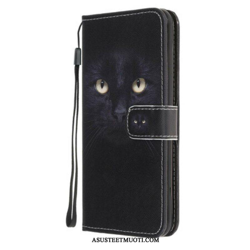 Nahkakotelo iPhone 13 Pro Suojaketju Kuori Strappy Black Cat Eyes