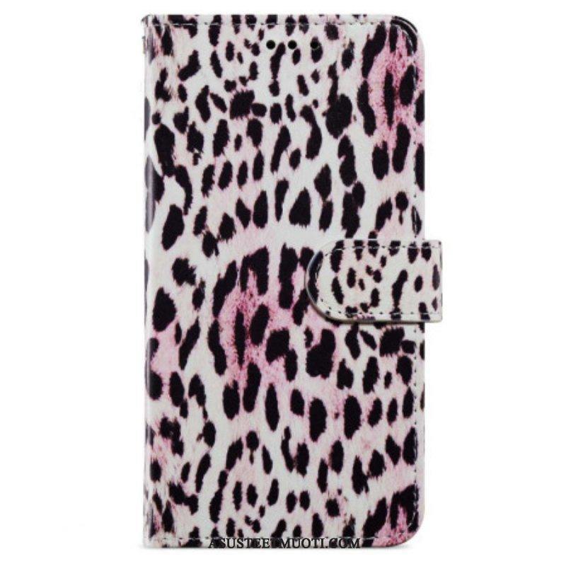 Nahkakotelo iPhone 15 Plus Suojaketju Kuori Leopard-ihoefekti Hihnalla